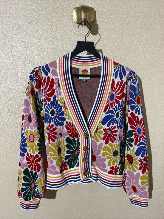 FARM Rio Sweaters - FARM Rio Multi-Color Floral Knit Cardigan with Striped Trim